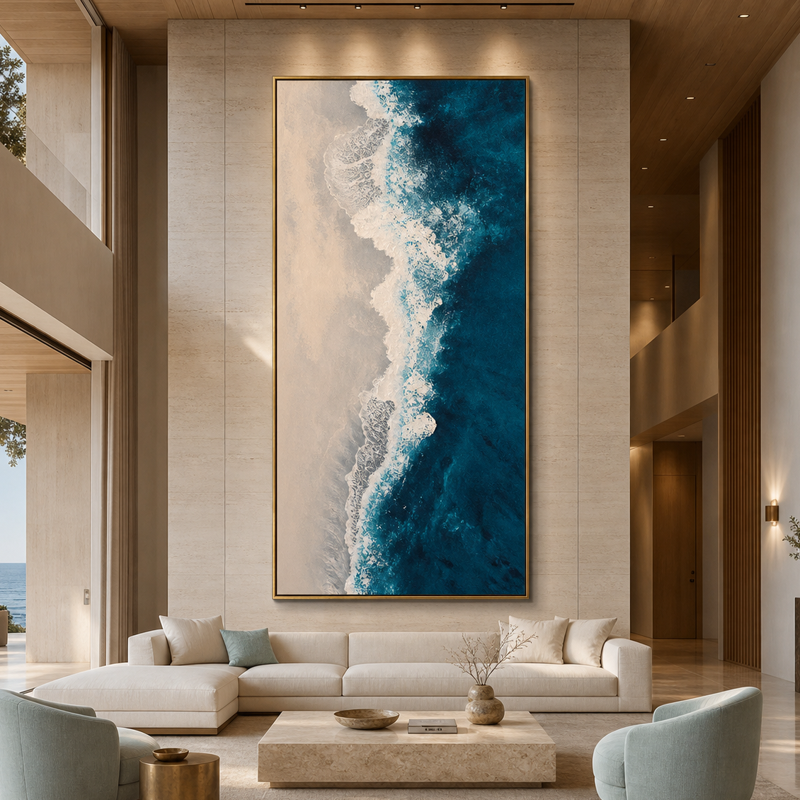 AZURE COAST: Blue Beige Crashing Waves Wabi Sabi Canvas – Cecilart
