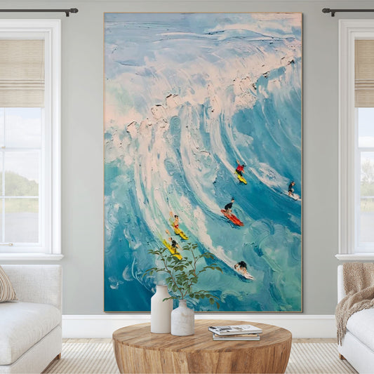 Catching the Wave: Vertical Textured Ocean Surf Painting with Surfers in Motion