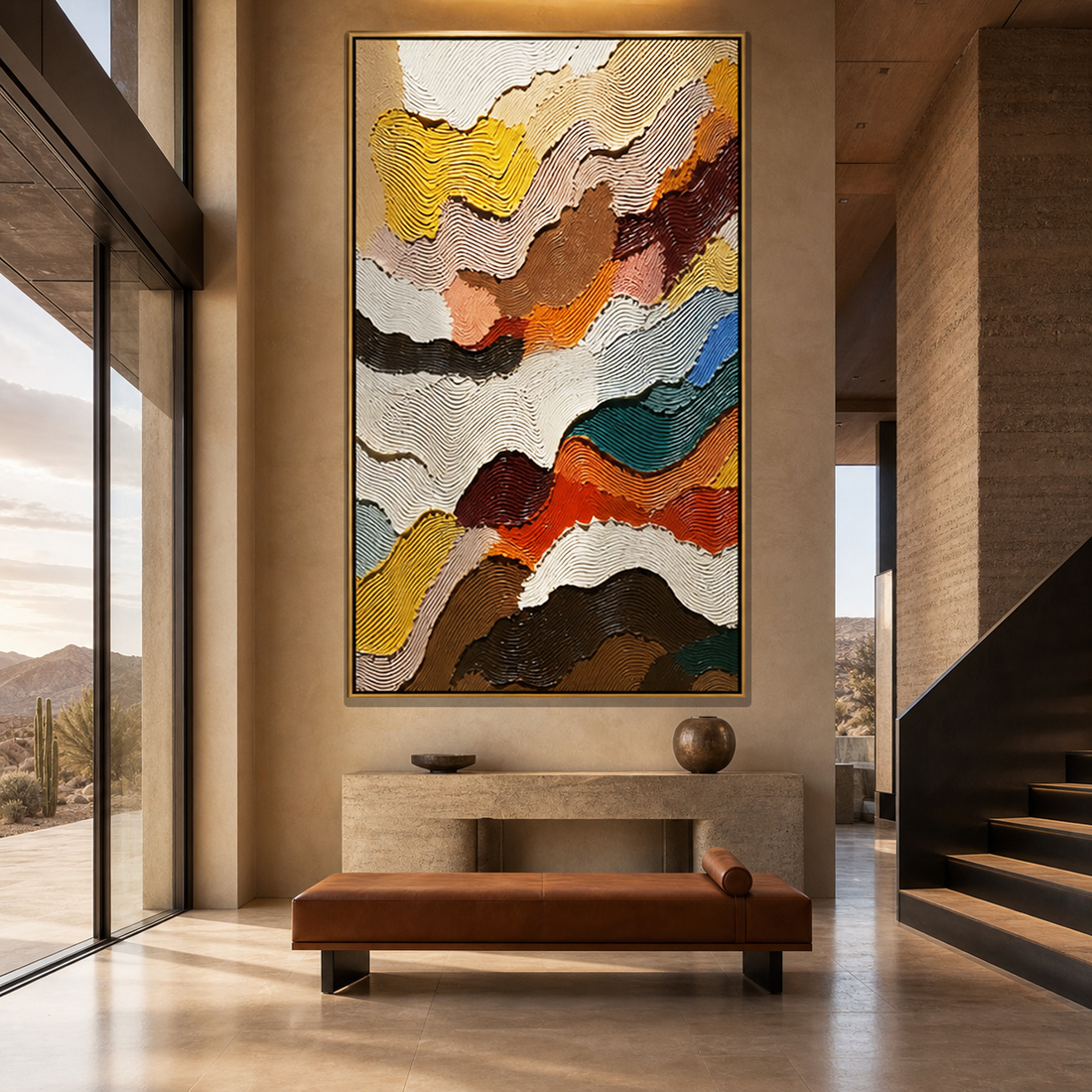 Abstract Landscape textured wall art displayed in a luxury entryway with floor-to-ceiling windows and contemporary architectural design.