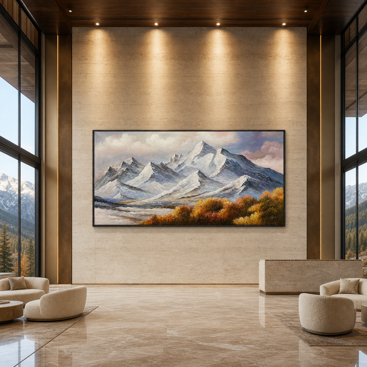 Large autumn mountain landscape painting in a resort arrival hall with stone flooring