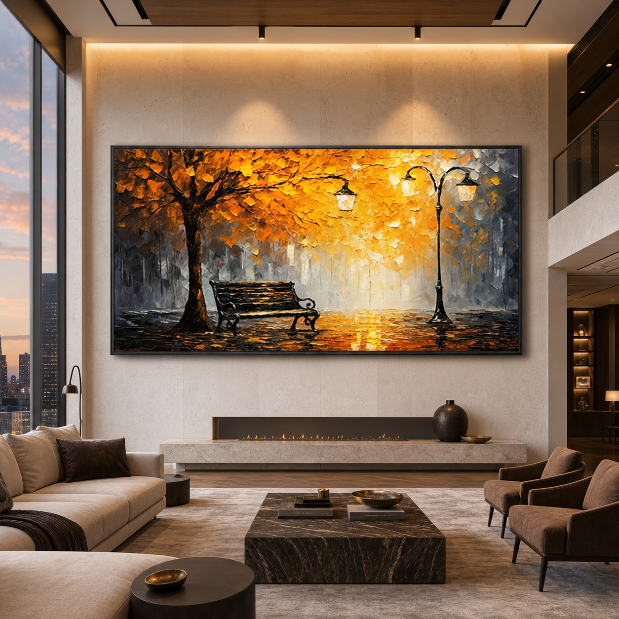 Autumn landscape wall art displayed in a modern luxury penthouse great room