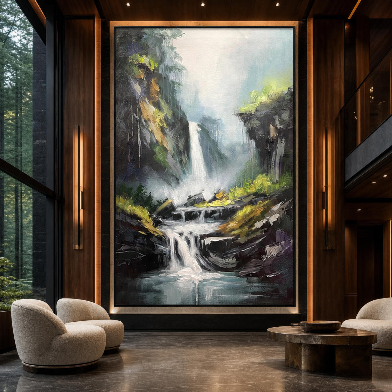 Waterfall landscape painting creating a natural atmosphere in a luxury forest resort lobby