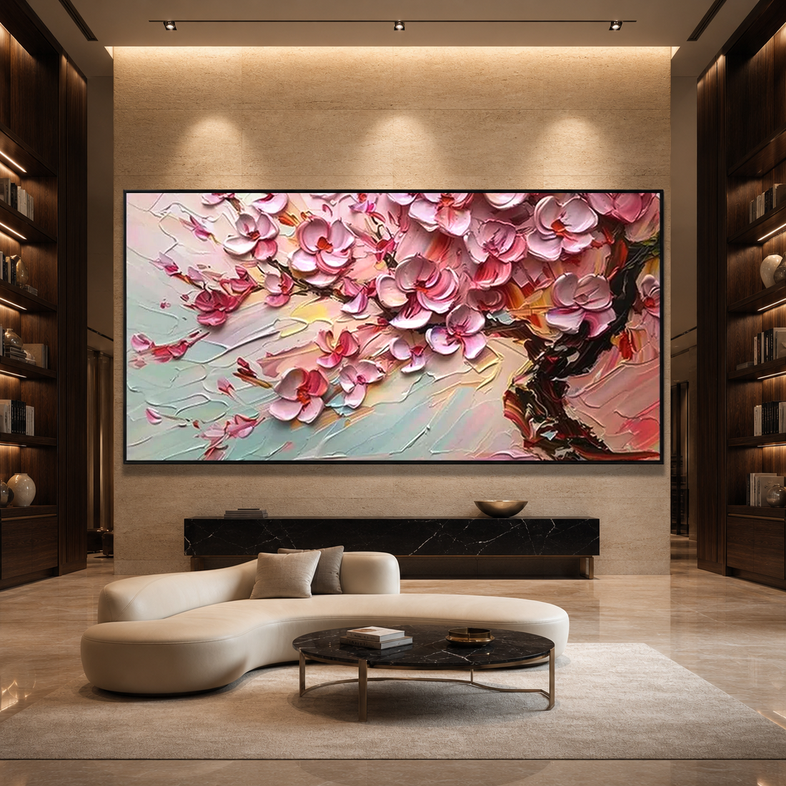 Horizontal cherry blossom wall art in a boutique hotel library lounge