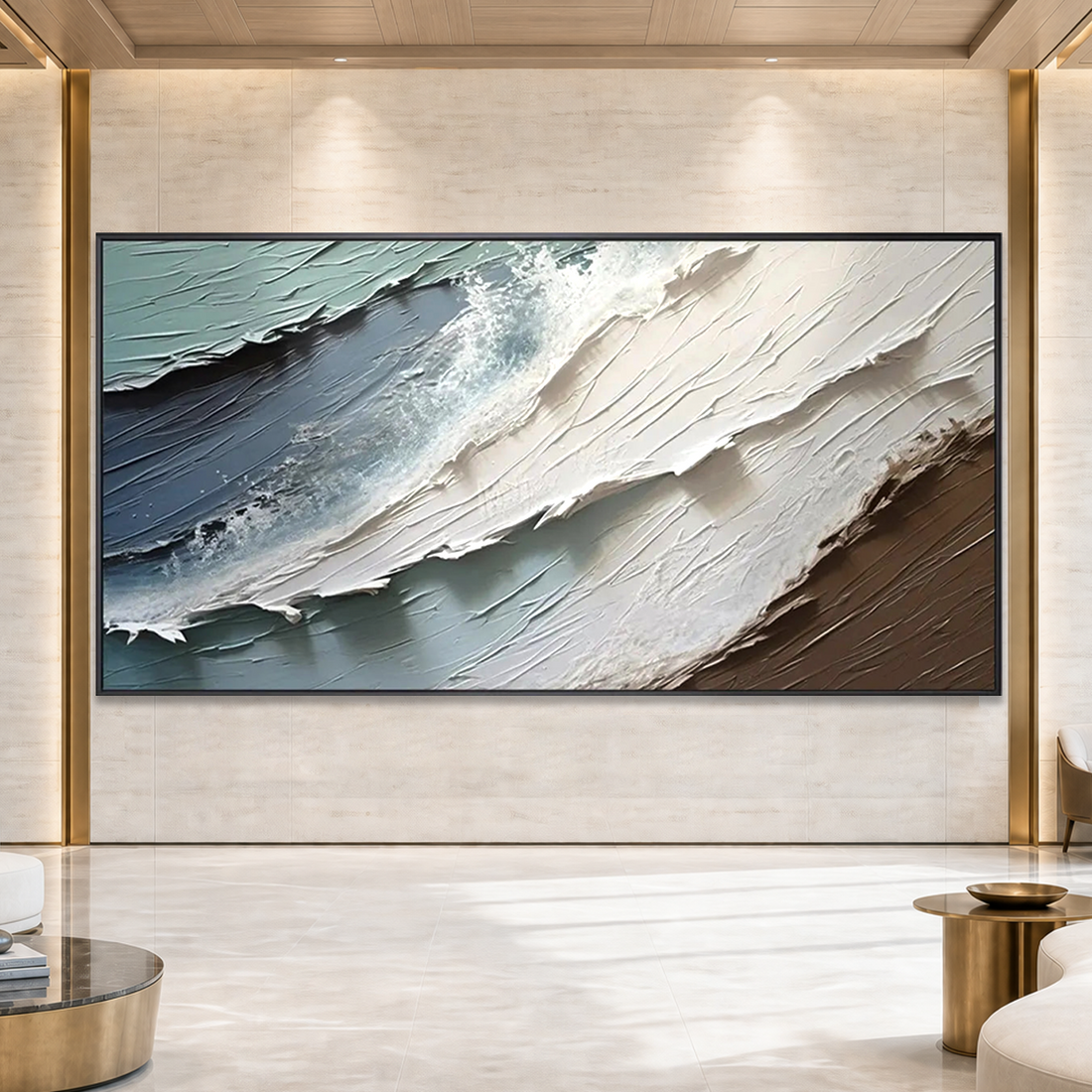 Abstract ocean wall art in a daylit resort lobby