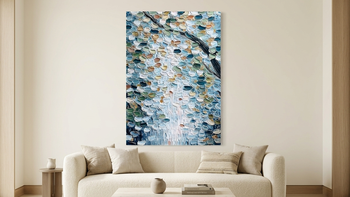 Blue textured impasto wall art displayed above a cream sofa in a modern organic living room interior.