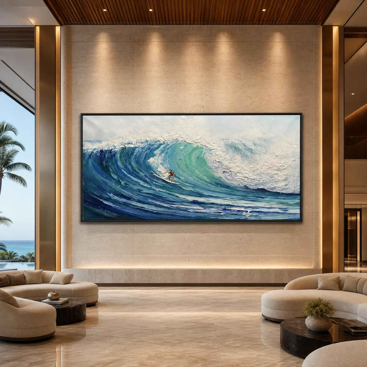 Ocean wave wall art displayed in a luxury coastal resort arrival lobby