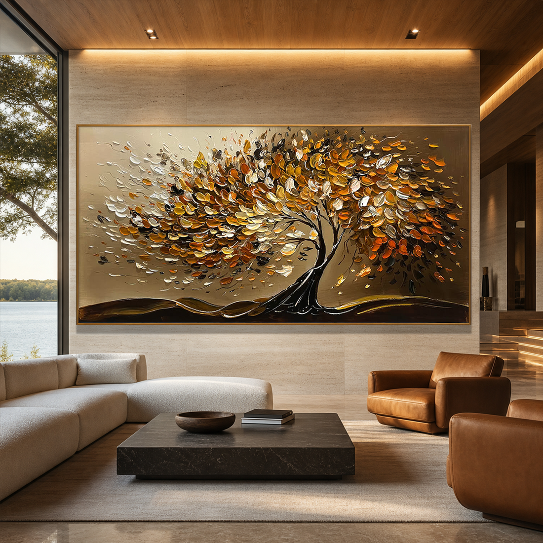 Gold botanical wall art in a lakeside villa lounge with walnut furniture, linen seating, and warm lamps