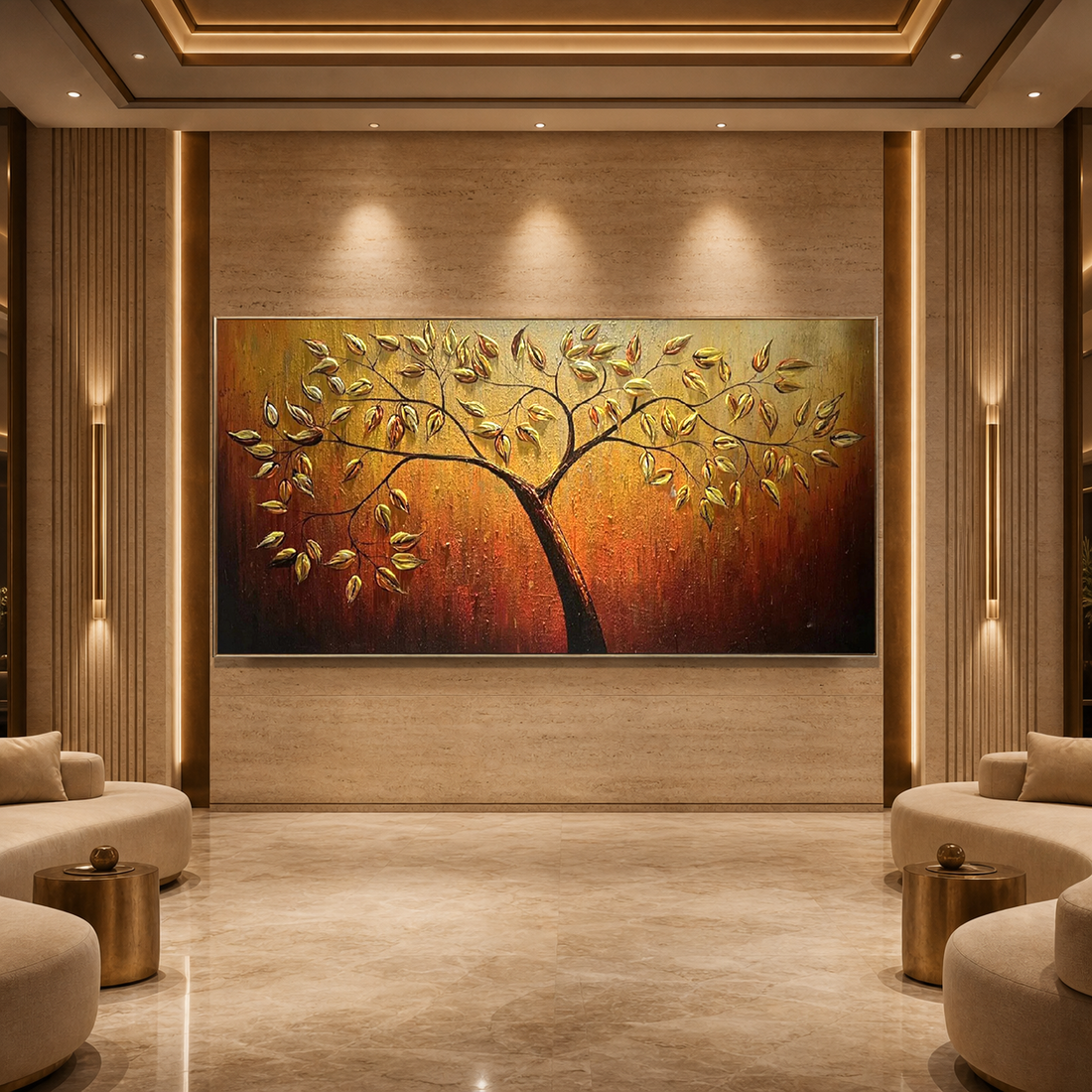 gold tree wall art in a villa great room