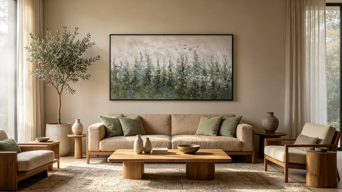 Forest wall art displayed in a nature-inspired living room with warm neutral furniture, organic textures, and biophilic interior design