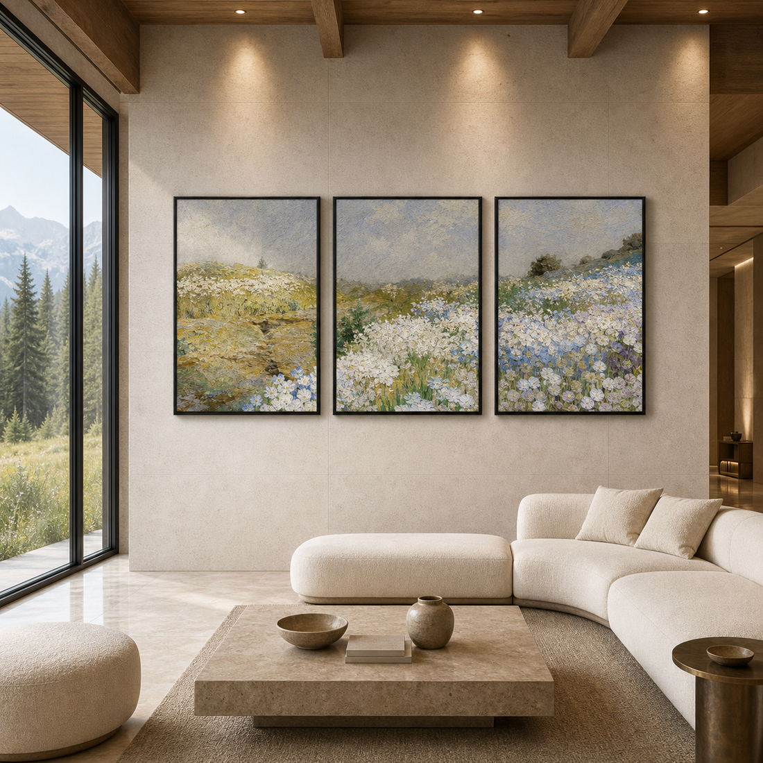 Triptych landscape art centered above a long sofa in a mountain villa great room
