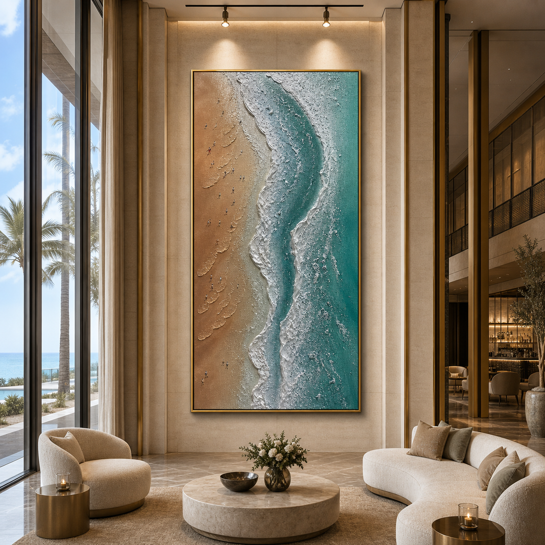 Coastal Serenity textured coastal wall art displayed in a luxury living room with floor-to-ceiling windows and modern coastal interior design.