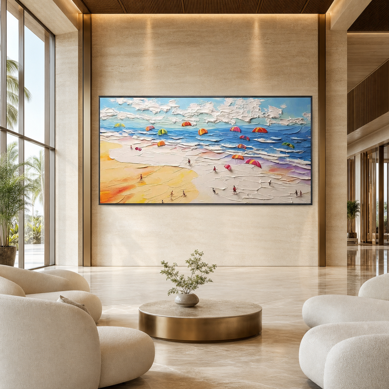 Colorful beach wall art displayed in a luxury island resort arrival hall