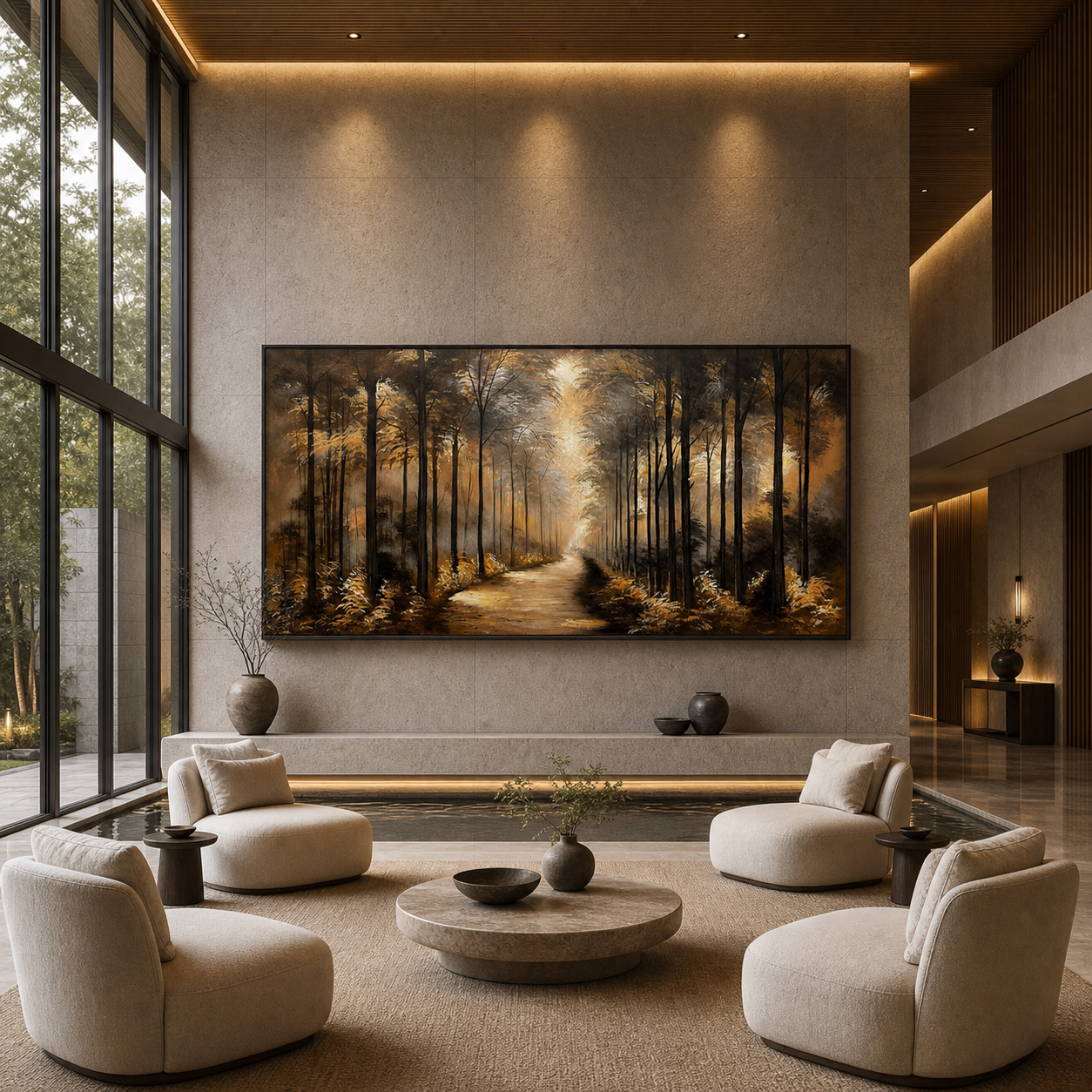 forest wall art in a refined private lounge with natural materials