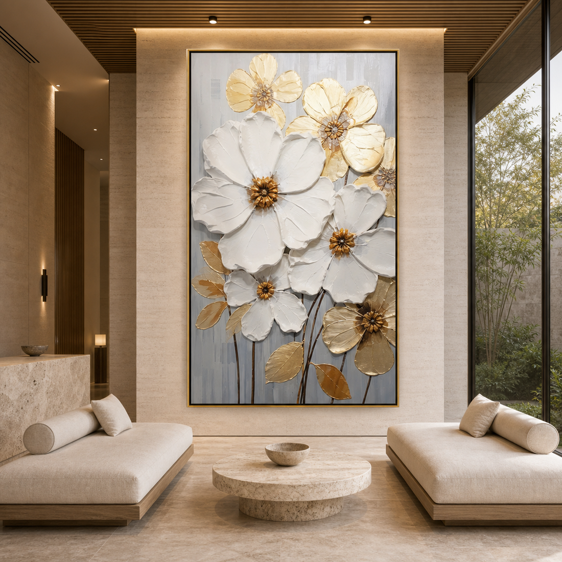 Golden Whispers textured botanical wall art displayed in a modern living room with floor-to-ceiling windows, neutral furnishings, and contemporary interior design.