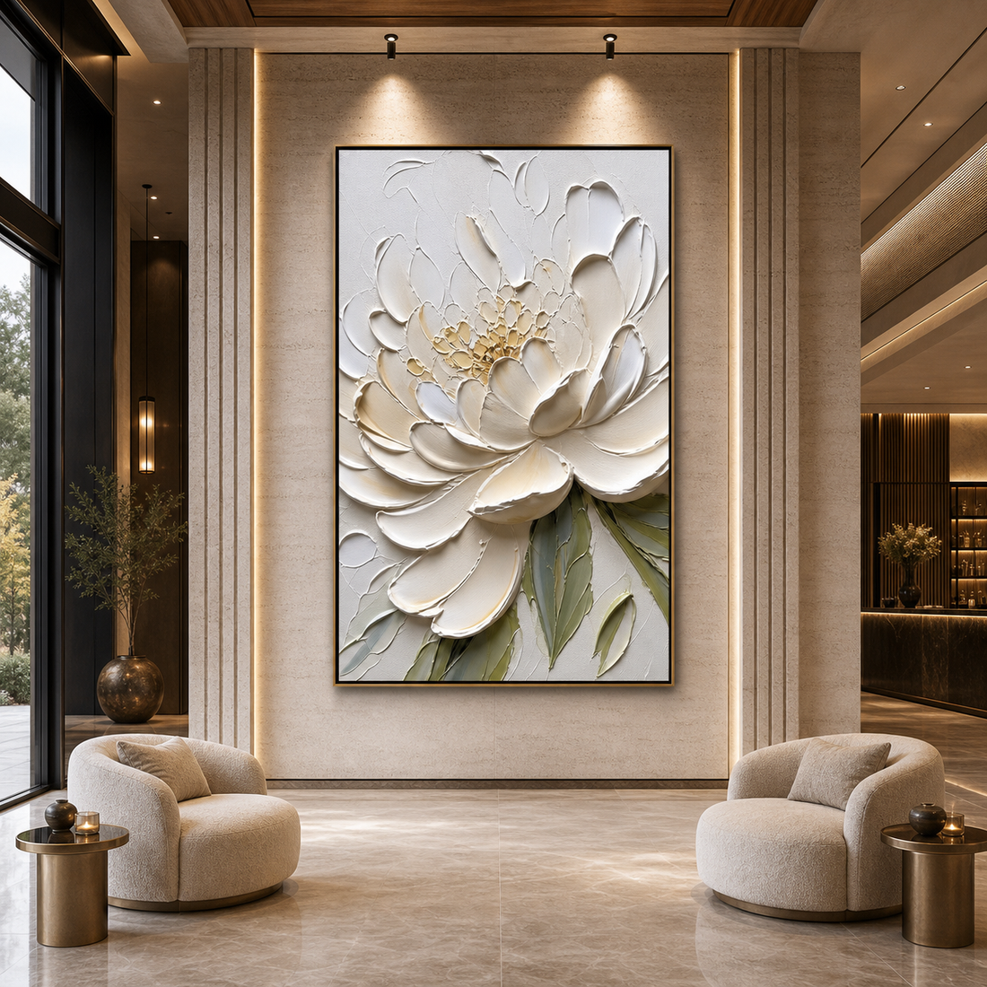Ivory Petals textured floral wall art displayed in a large lobby with floor-to-ceiling windows and elegant contemporary interior design.