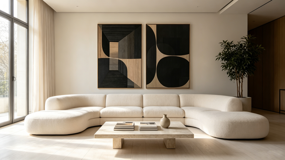 Minimalist geometric diptych wall art above sofa in modern luxury living room