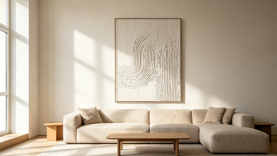 Minimalist textured wall art displayed in a modern interior featuring neutral abstract relief textures and geometric curves.
