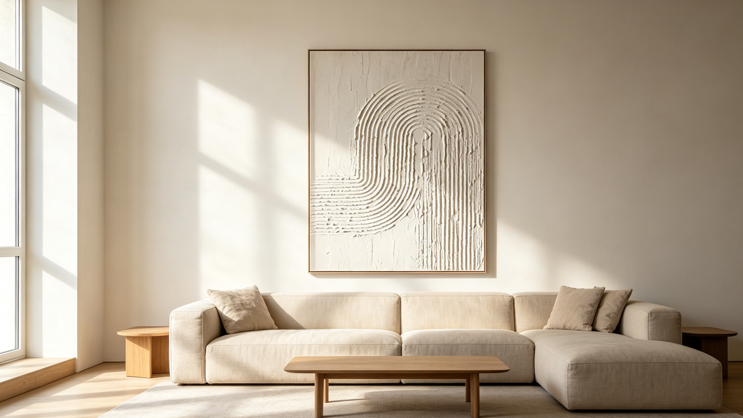 Minimalist textured wall art displayed in a modern interior featuring neutral abstract relief textures and geometric curves.