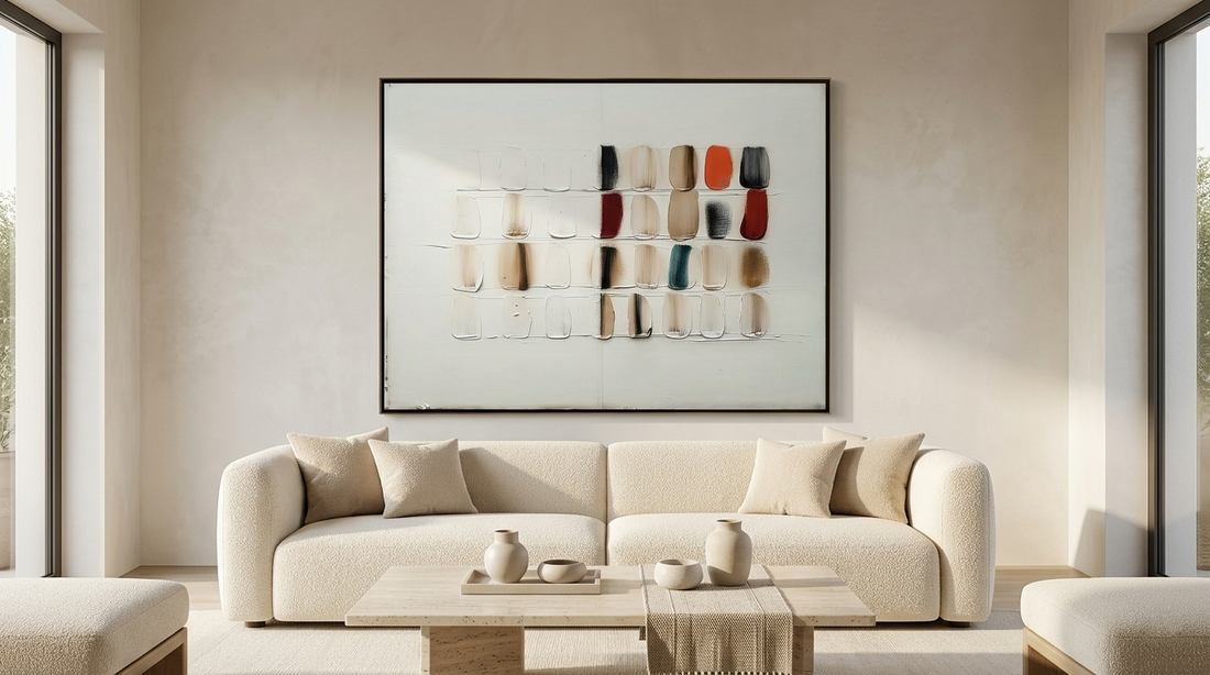 Minimalist textured wall art with a subtle geometric grid displayed above a sofa in a contemporary neutral living room.