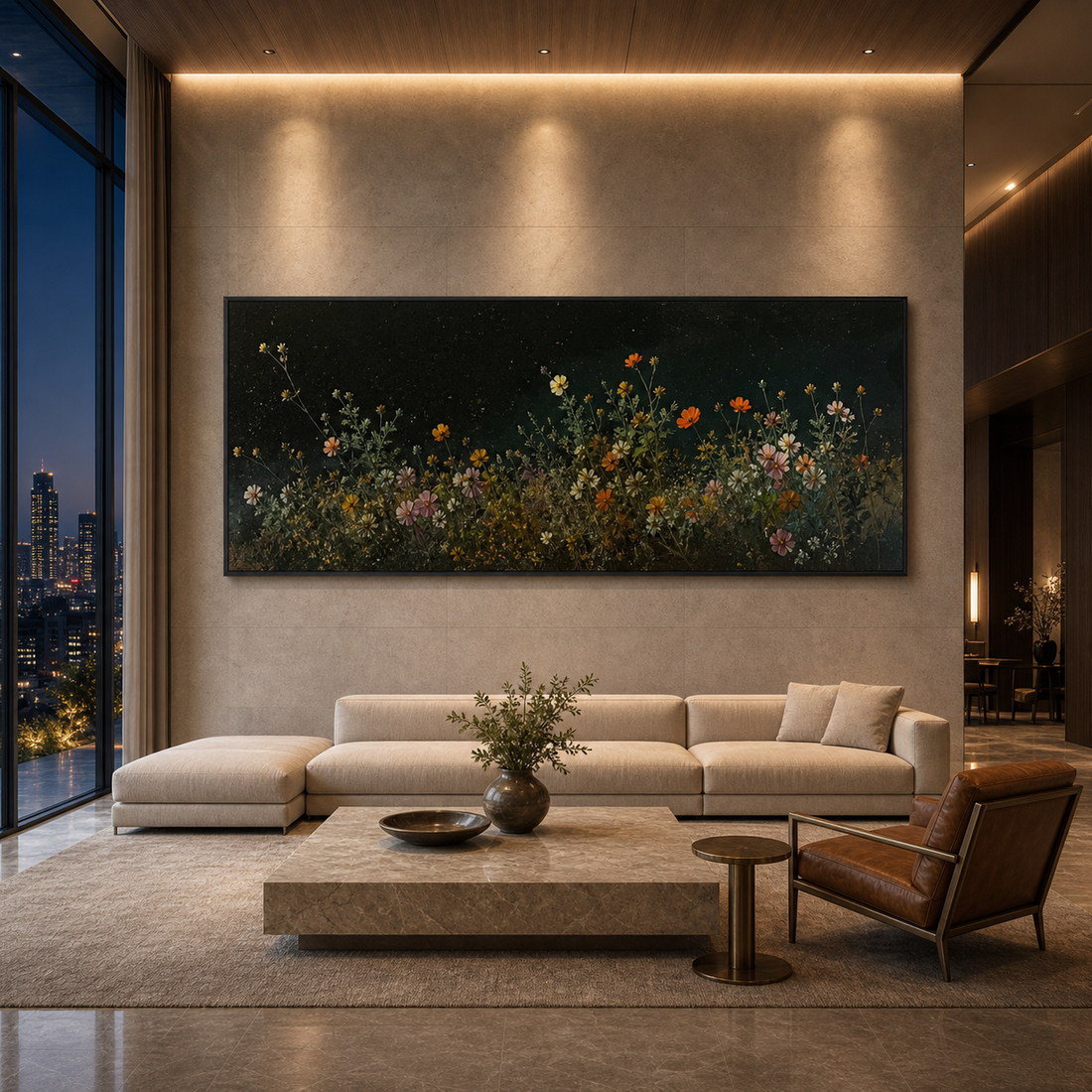Night Garden panoramic dark floral wall art displayed in a luxury living room with floor-to-ceiling windows, modern architecture, and nature-inspired interior design.