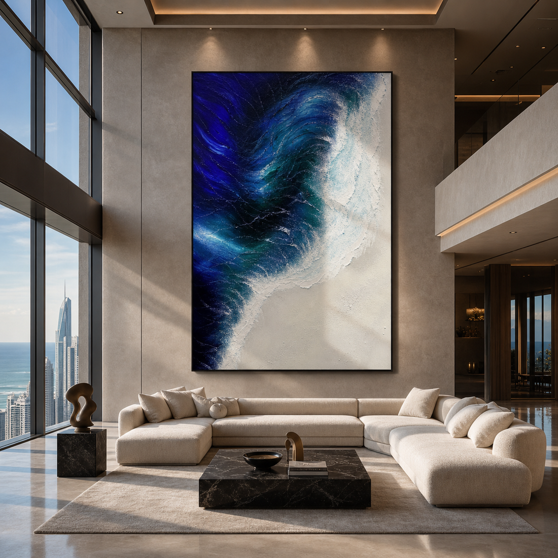 Oceans Embrace textured ocean wave wall art displayed in a luxury living room with floor-to-ceiling windows and modern coastal interior design.