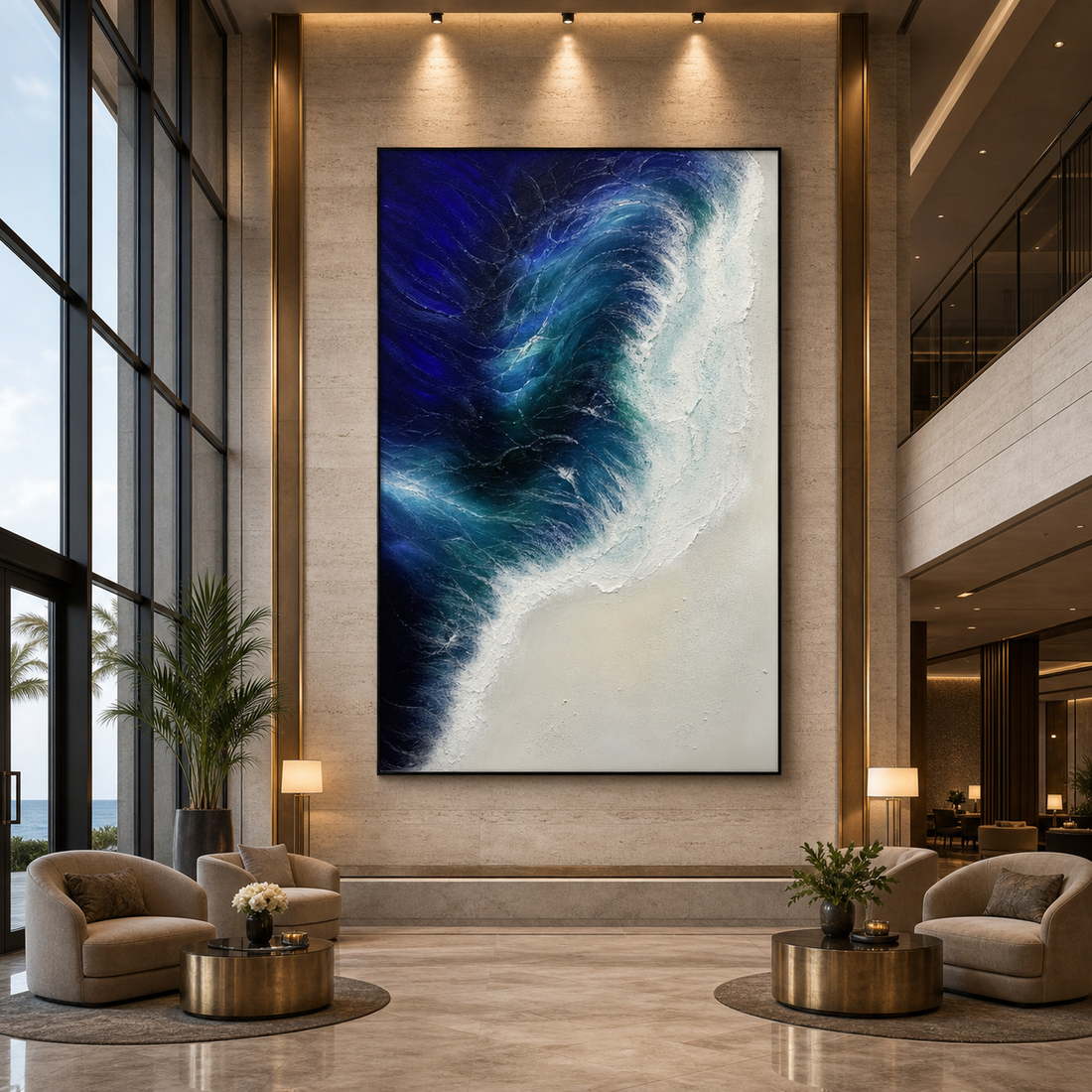 Oceans Embrace textured ocean wave wall art displayed in a luxury lounge with floor-to-ceiling windows and modern coastal interior design.