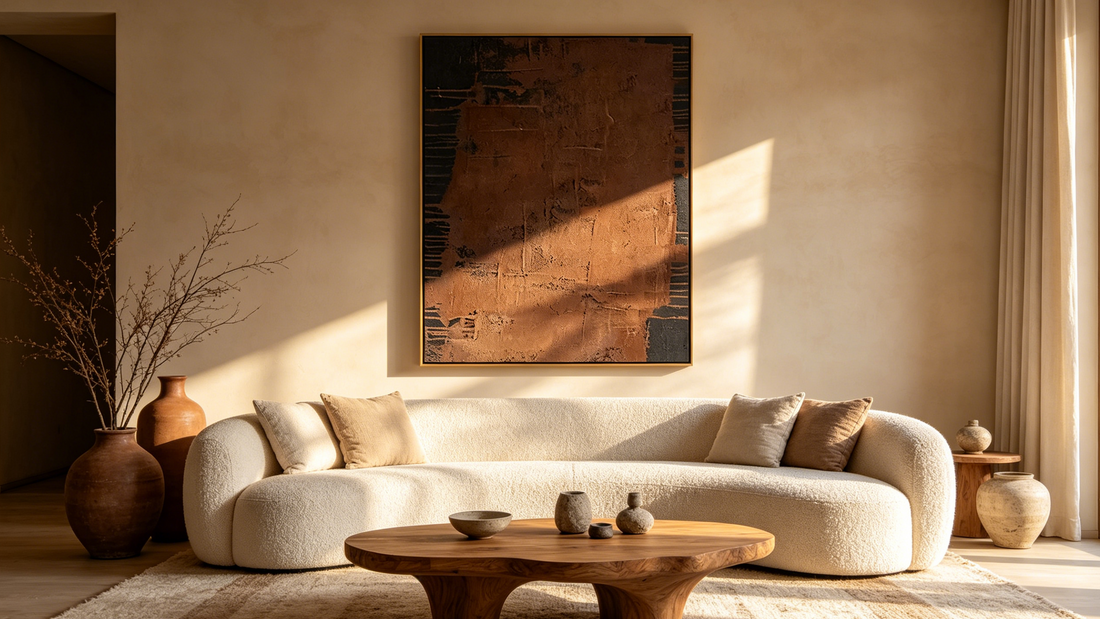 Earth tone textured wall art displayed above a cream sofa in an organic modern living room with warm neutral colors and natural materials
