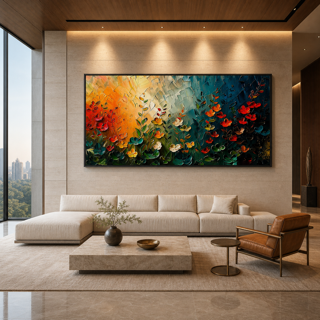 Textured wildflower meadow landscape painting above a large sofa in a luxcury living room with organic modern decor