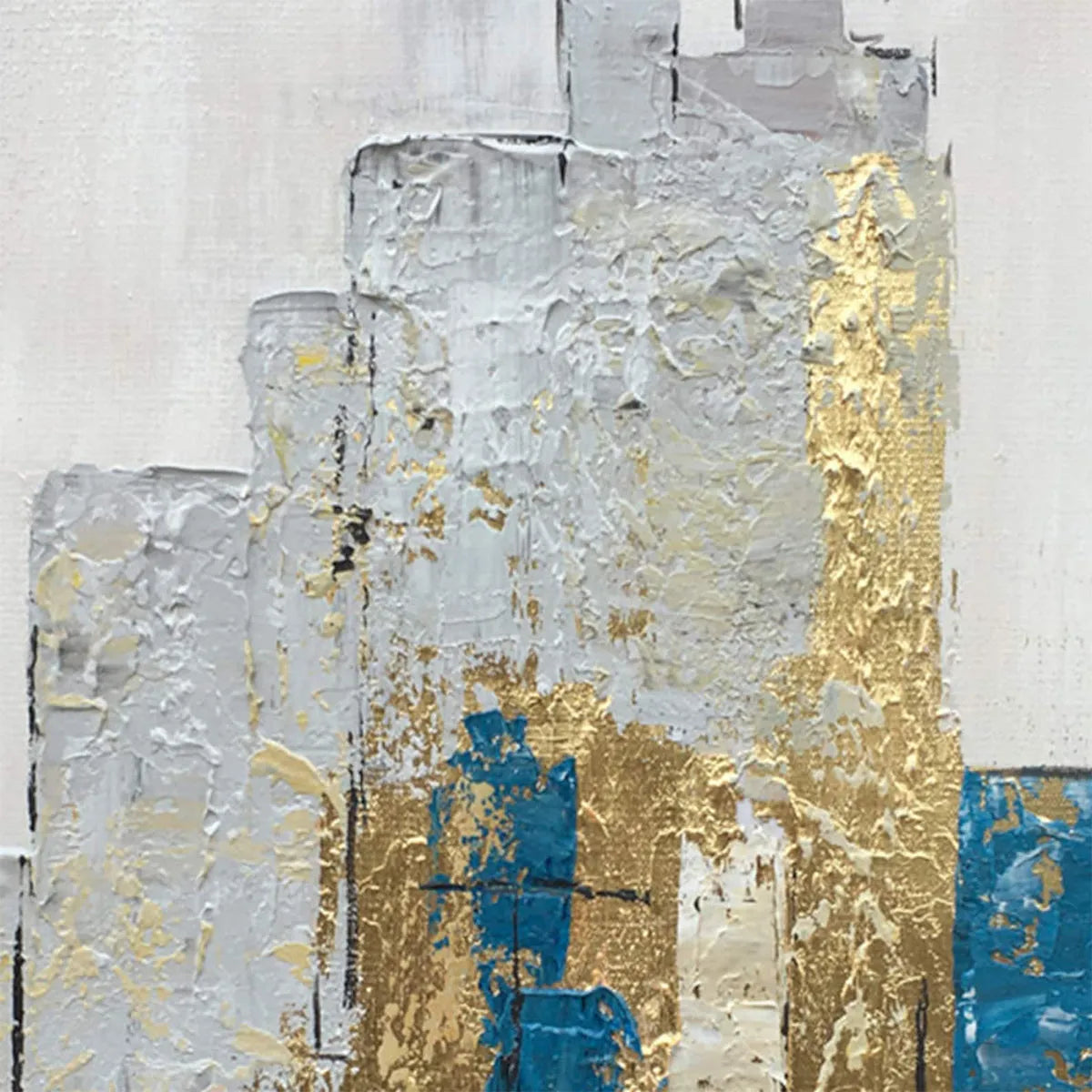 GOLDEN METROPOLIS: Vertical Gold Blue Abstract Cityscape Oil Painting