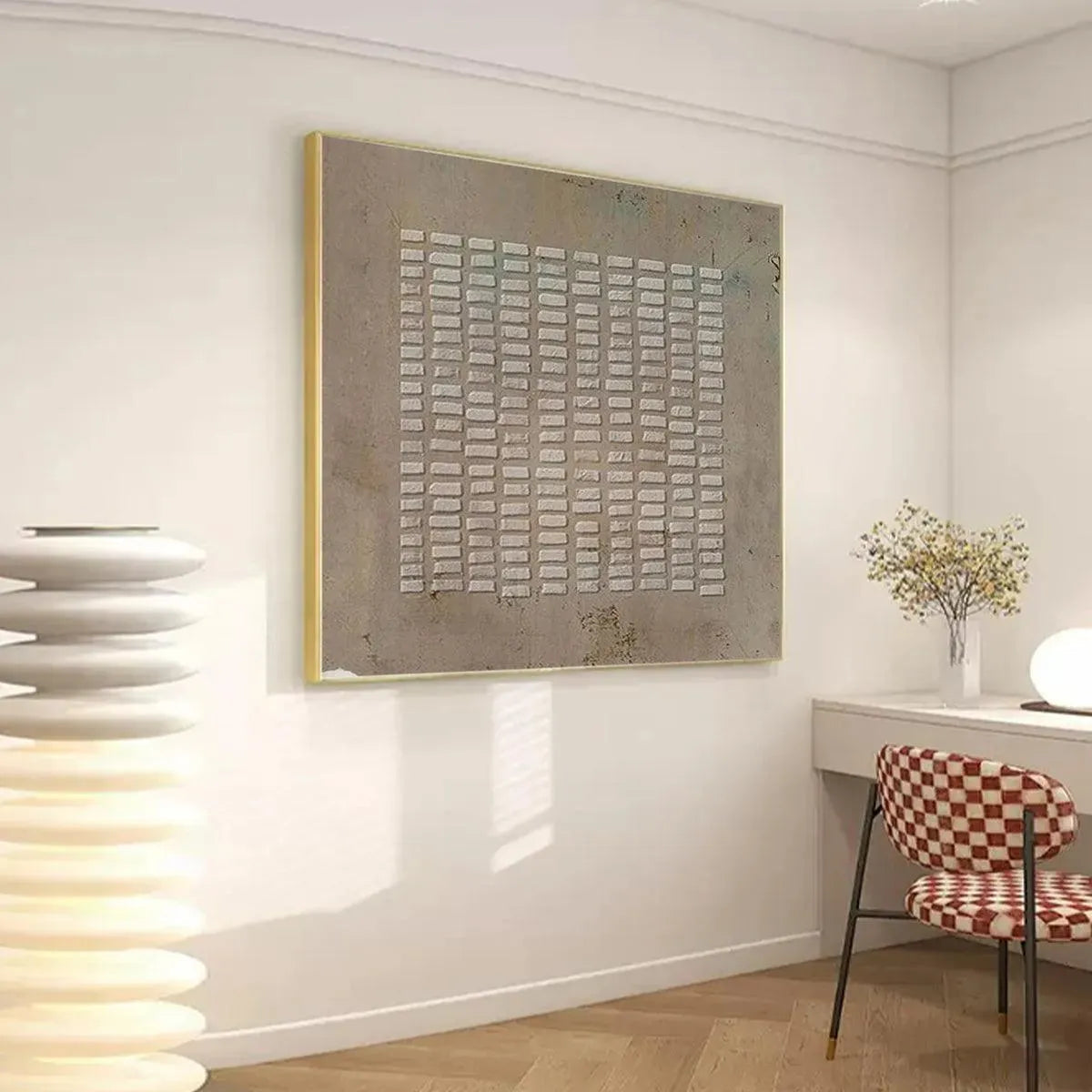Javier Ramirez's Textured Beige Grid painting. Minimalist grid pattern artwork with beige tones, modern wall decor.