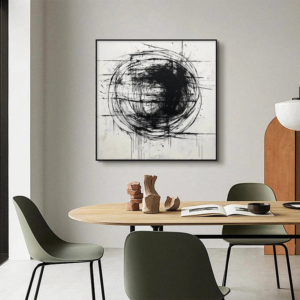 INK VORTEX: Dynamic Black Ink White Canvas Abstract Expression Oil Painting