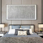 Javier Ramirez WOVEN TEXTURE minimalist grey and white painting above bed in modern bedroom