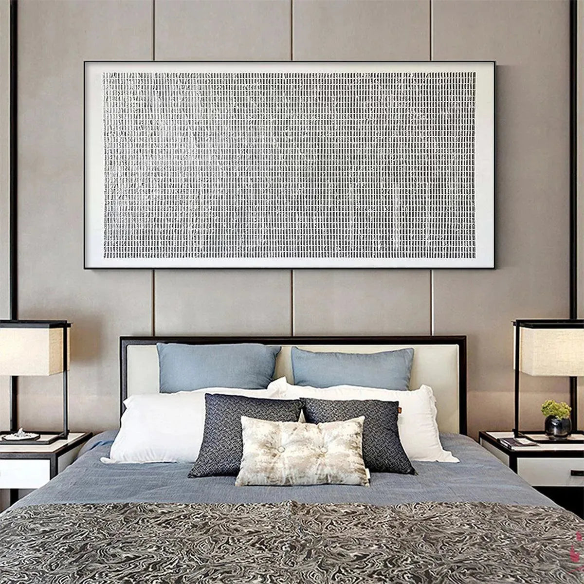 Javier Ramirez WOVEN TEXTURE minimalist grey and white painting above bed in modern bedroom