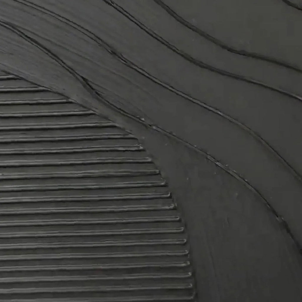 Black minimalist wall art with textured horizontal and curved ridges, contemporary abstract painting.