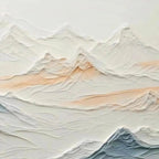 Textured abstract mountain landscape painting in beige, blue, and peach hues. "Tranquil Peaks" by Chen Liu.