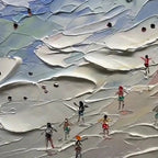 Beach Day Vibes painting by Liam O'Connell: Textured beach scene with figures and vibrant umbrellas, horizontal wall art.