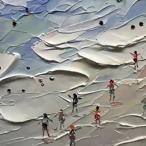 Beach Day Vibes painting by Liam O'Connell: Textured beach scene with figures and vibrant umbrellas, horizontal wall art.