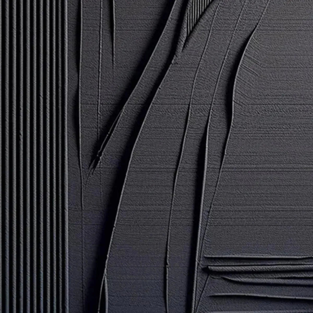 Javier Ramirez black textured abstract painting, minimalist artwork with vertical lines and curves, modern wall decor