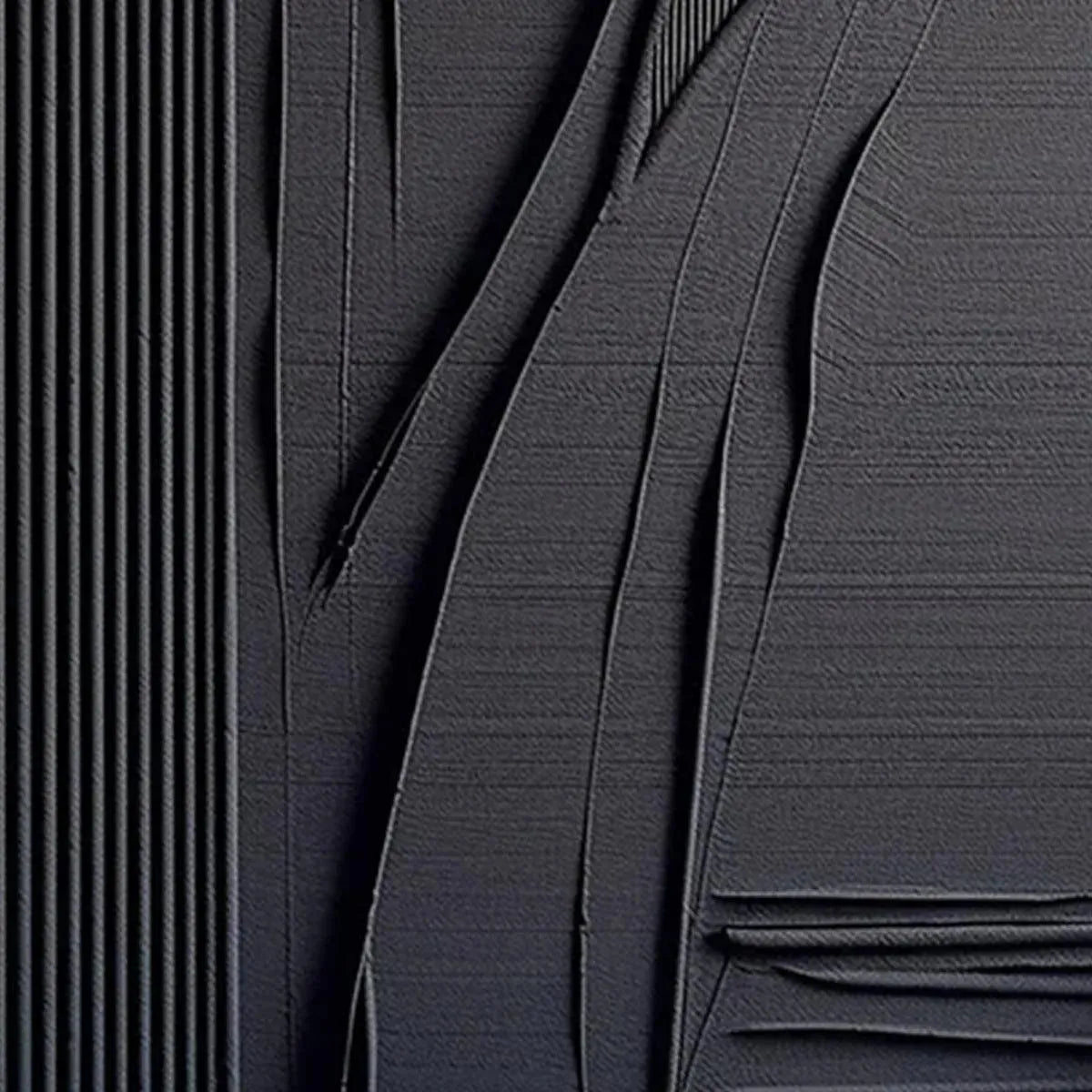 Javier Ramirez black textured abstract painting, minimalist artwork with vertical lines and curves, modern wall decor