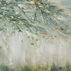 Liam O'Connell 'Whispering Woods' painting detail: abstract green branches with gold leaf texture.