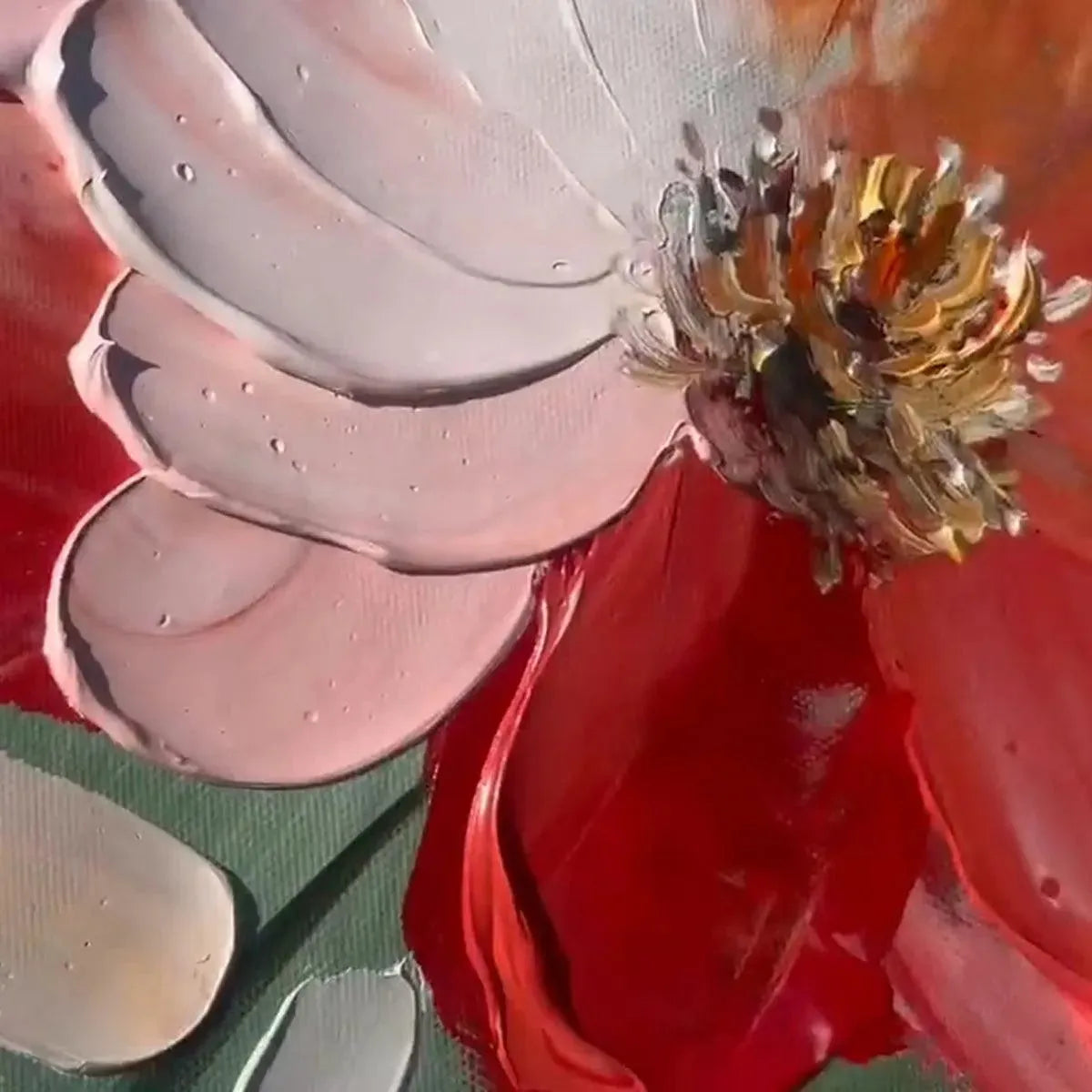 Close-up of SUNKISSED GARDEN impasto painting texture, showing thick orange, white, and pink flower petals by Elodie Dubois.