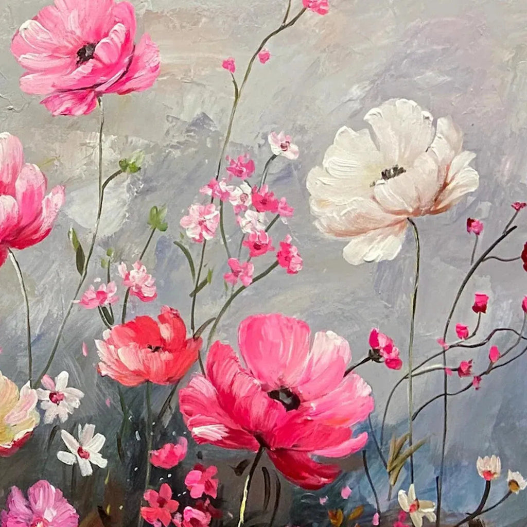 SUMMER BLOOM: Textured impasto painting of pink and white florals on grey background, highlighting brushstroke detail.