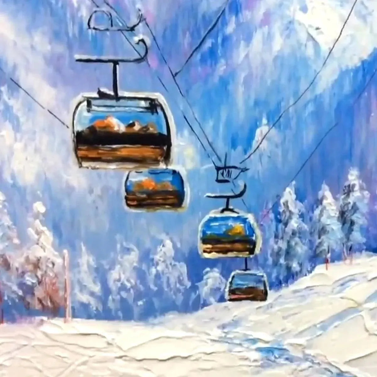 Impasto painting: ski lift cabins ascend snowy mountains in vibrant colors by Chak Yu Lam. Textured winter landscape.