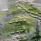 Close-up of Emerald Forest oil painting texture, showing thick impasto green pine needles and misty background.