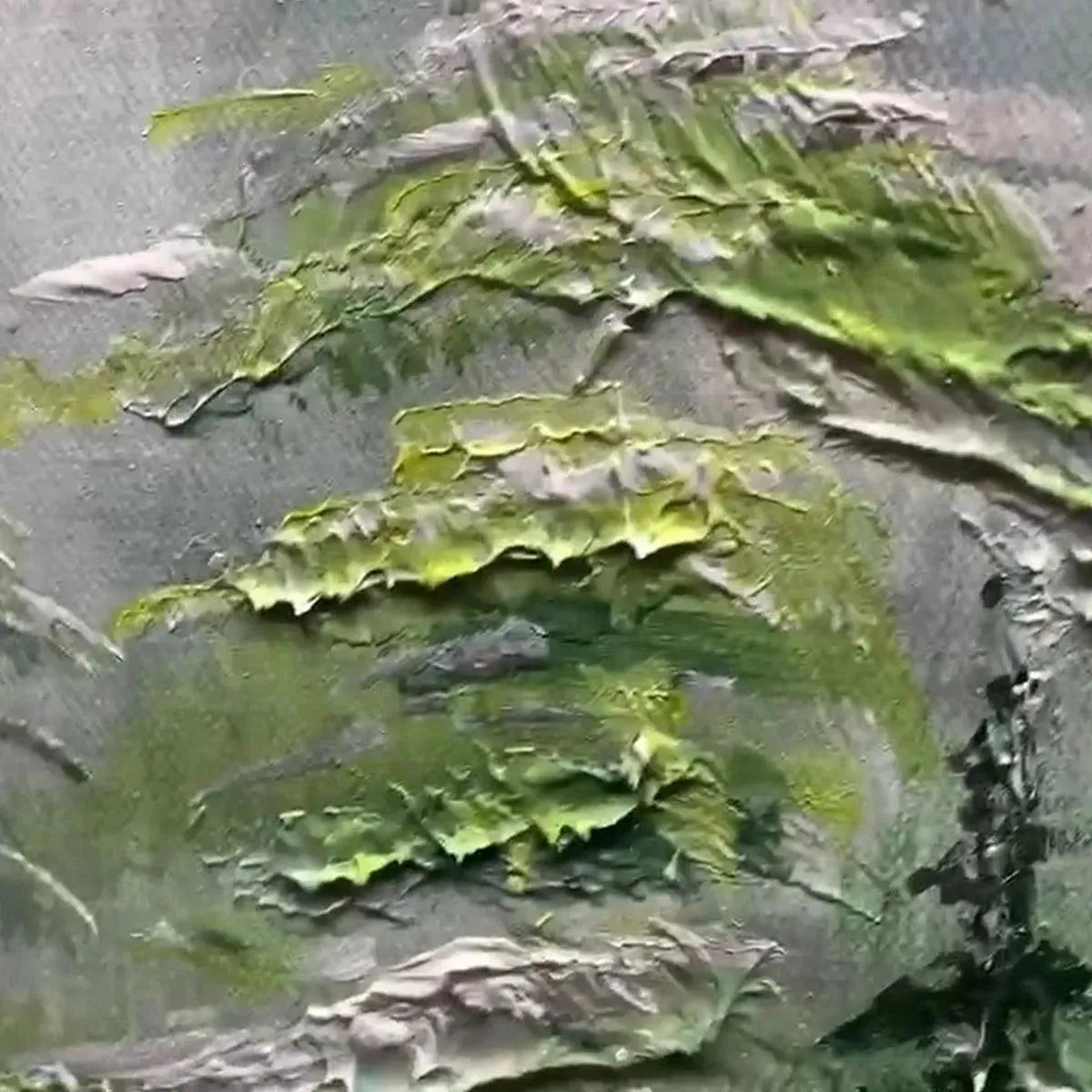 Close-up of Emerald Forest oil painting texture, showing thick impasto green pine needles and misty background.