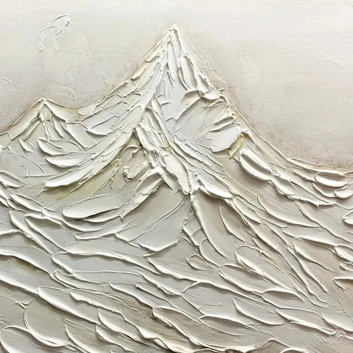 Javier Ramirez white impasto mountain painting, textured minimalist abstract art.