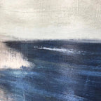 Serene Shore abstract coastal painting by Javier Ramirez, blue and beige tones, minimalist art for home decor.