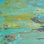 GOLDEN TIDE: Textured teal and gold abstract painting, horizontal canvas art with impasto strokes.