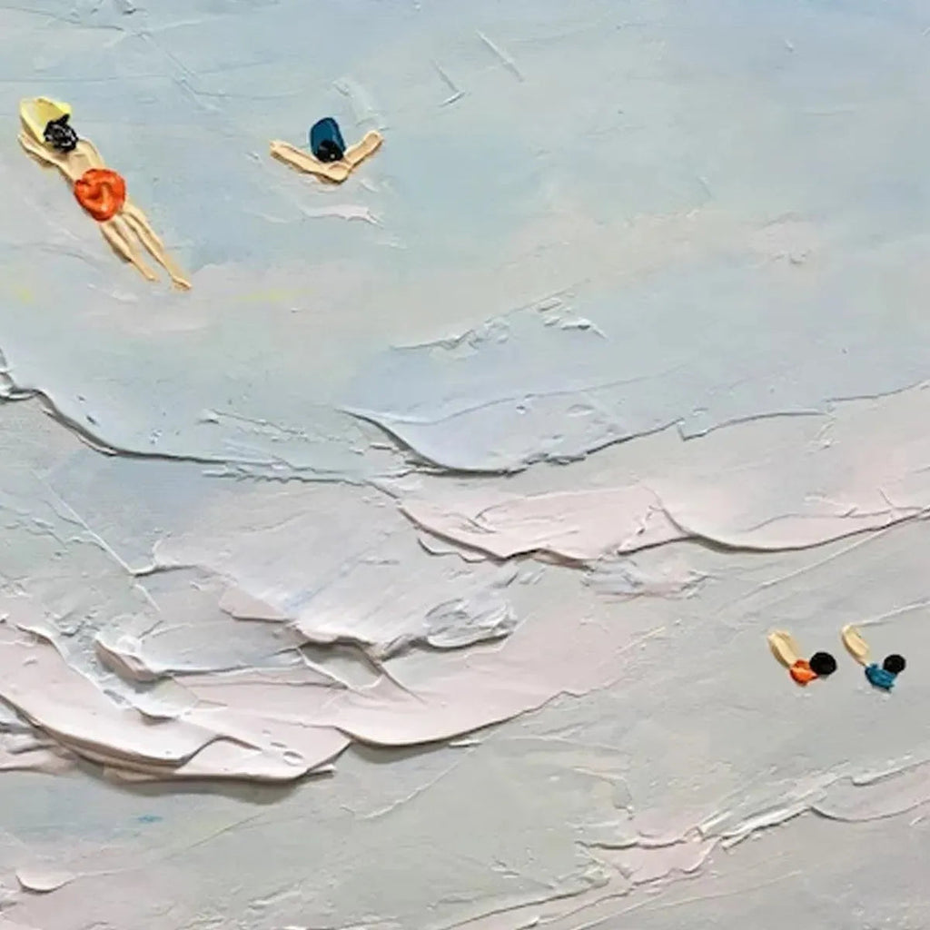 Willow Davies' Summer Beach textured painting detail: swimmers in waves, coastal scene, original artwork from MontCarta.