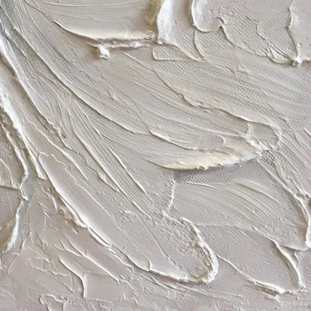 Close-up of Elodie Dubois' textured white peony painting, highlighting impasto brushstrokes and petal details.